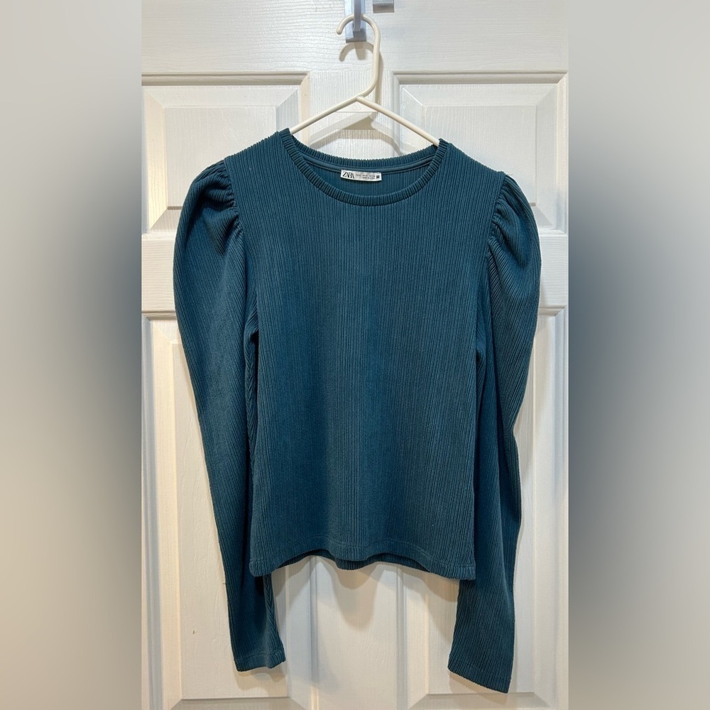 Zara Ribbed Puff Sleeve Sweater Jade Preppy Holiday‎ Festive Casual Women Size S